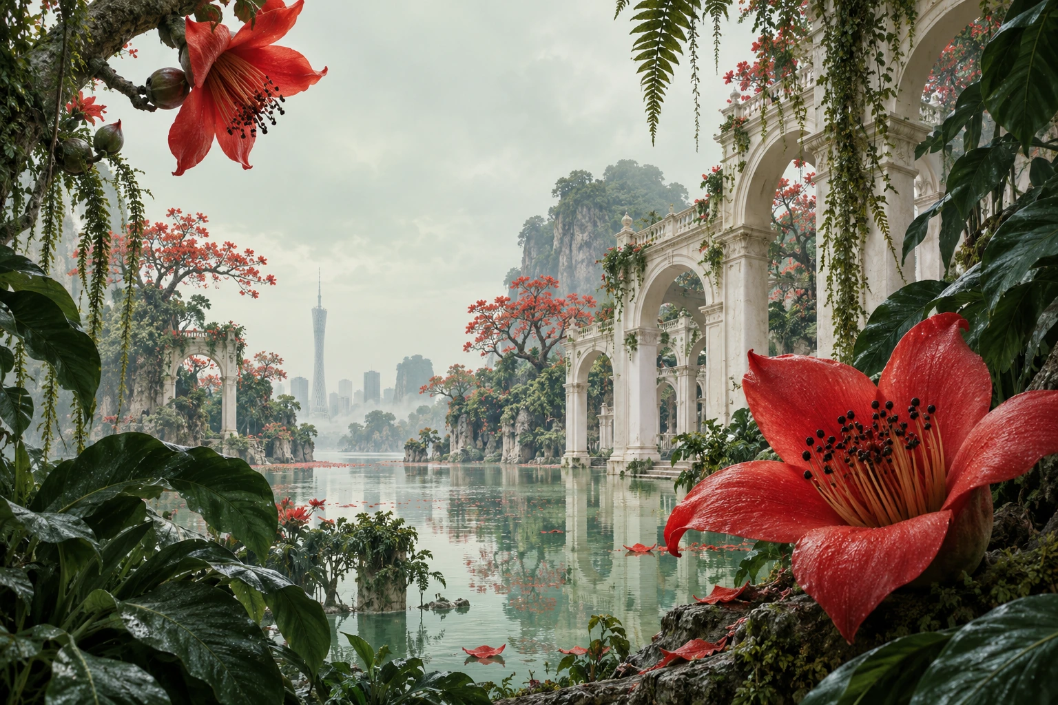 Kapok blossoms, Lingnan arches and a jade pool in a dream garden